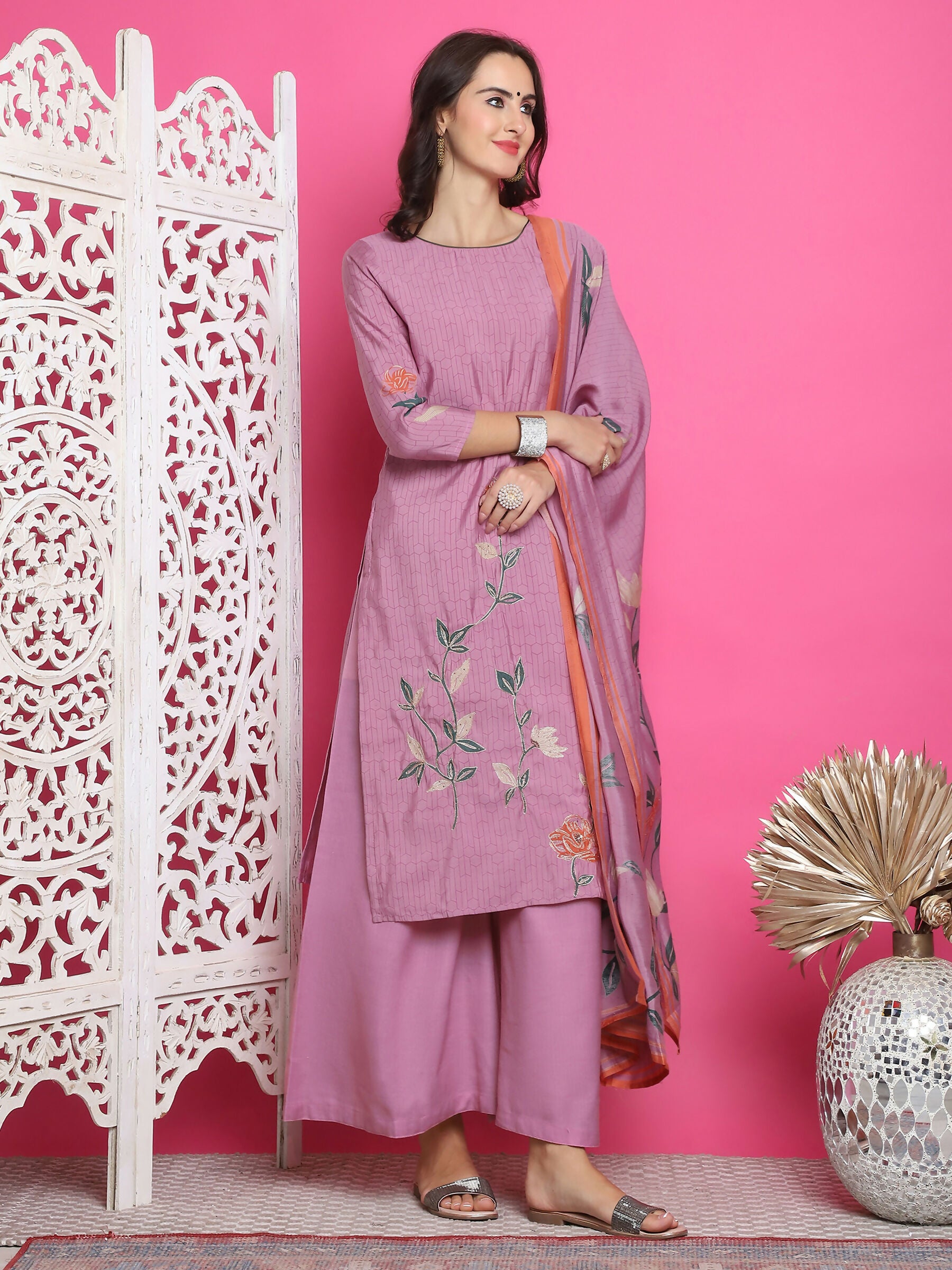 Jyoti Fashion Women's Purple Muslin Floral Print with Jari & Crystal work Kurta with Trouser & Dupatta - Distacart