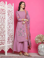 Thumbnail for Jyoti Fashion Women's Purple Muslin Floral Print with Jari & Crystal work Kurta with Trouser & Dupatta - Distacart