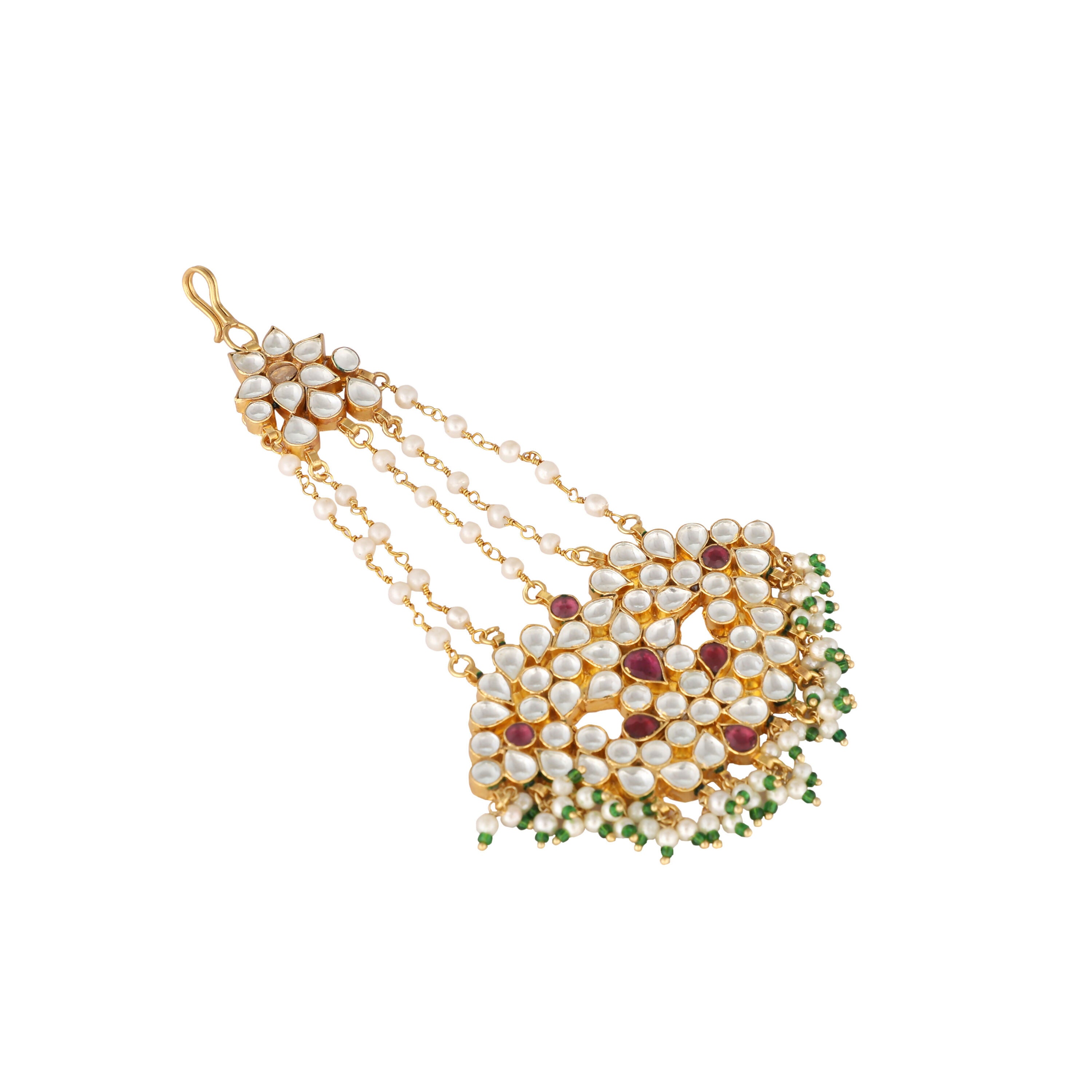 Nuyug 22K Gold-Plated Kundan & Red Stone Studded Jhumar Paasa Head Jewellery