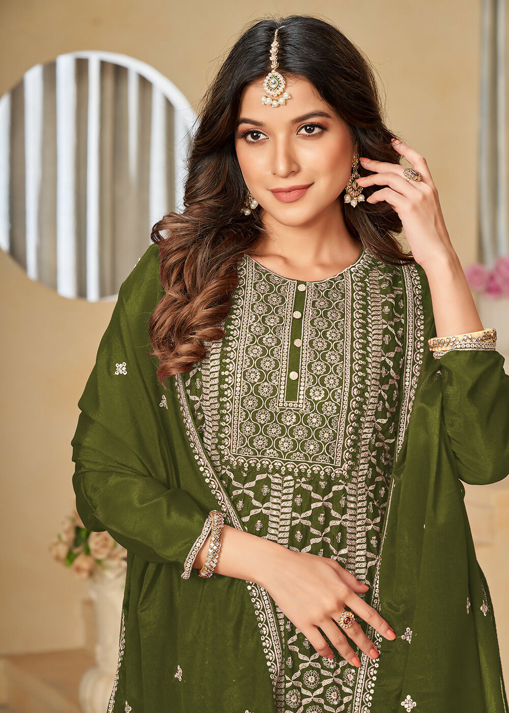 Chinnon Olive Green Embroidered Palazzo Salwar Suit - Emponline - Distacart