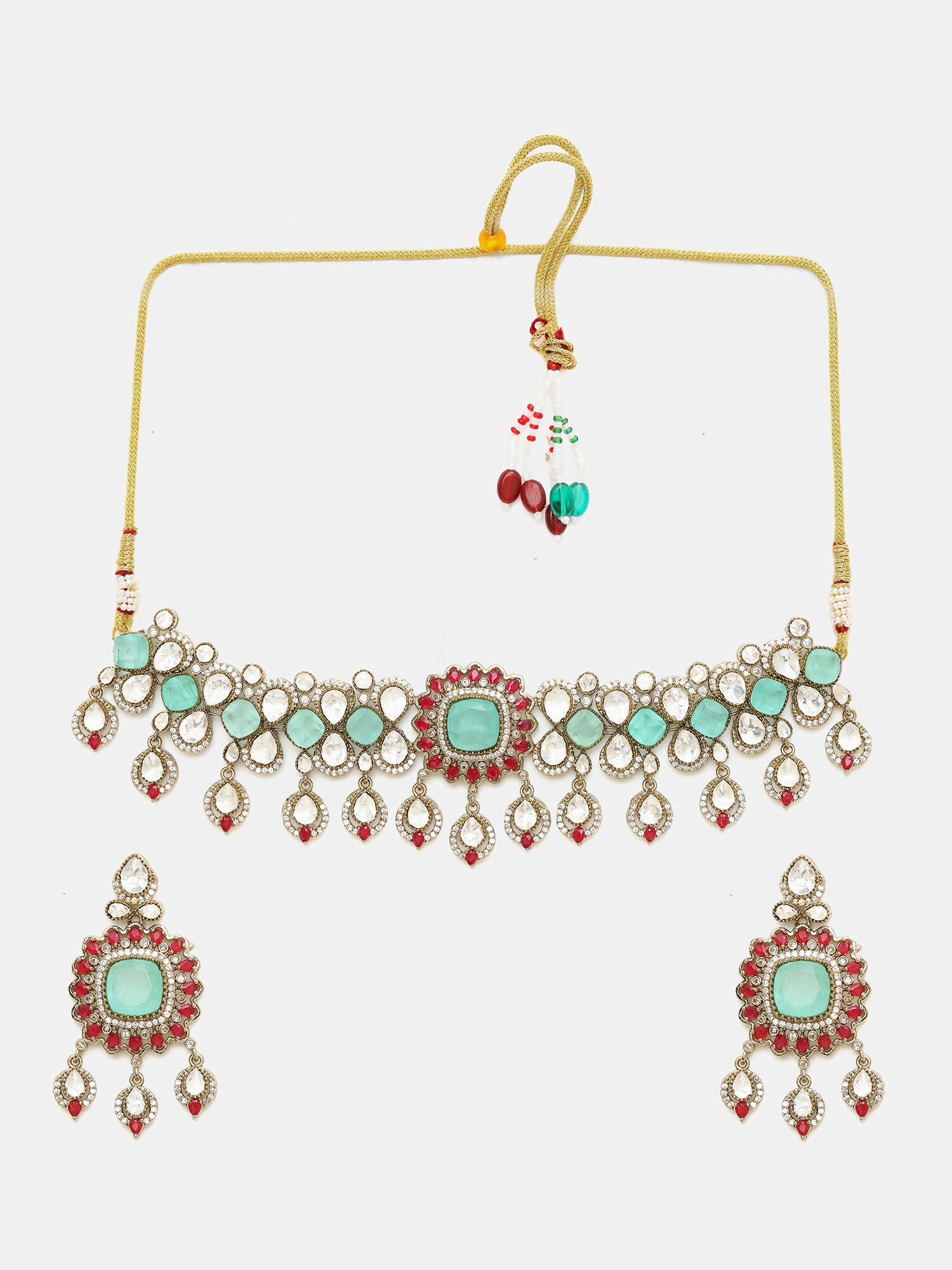 Ruby Raang 22k Gold Polished Stonework Moissanite Choker With Earrings