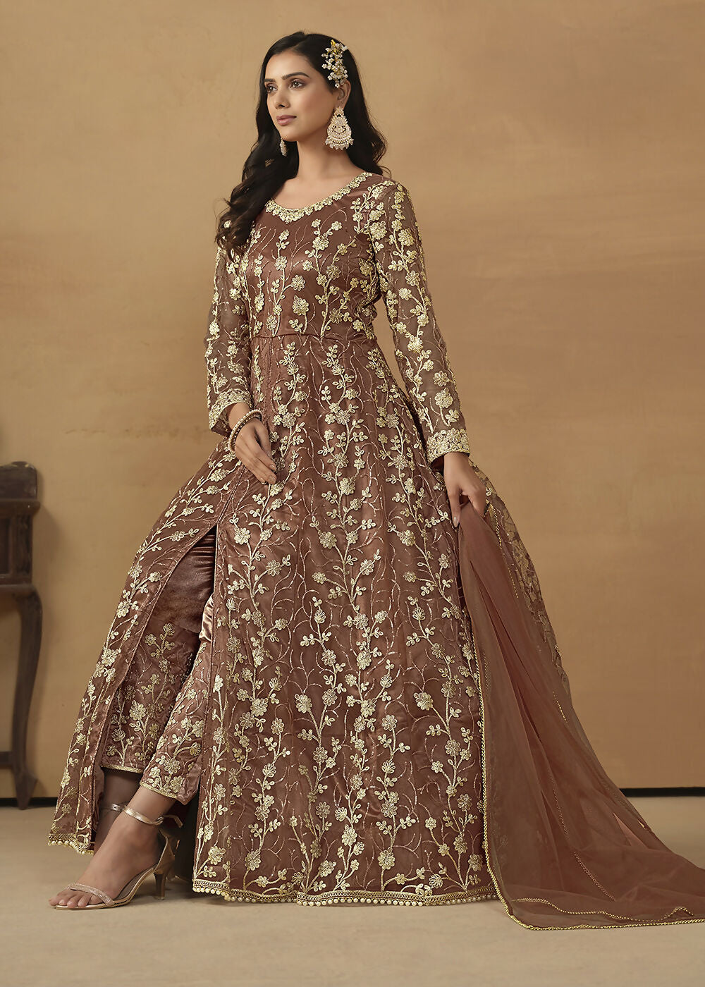 Pant Style Snuff Brown Embroidered Net Wedding Anarkali Suit - Emponline - Distacart