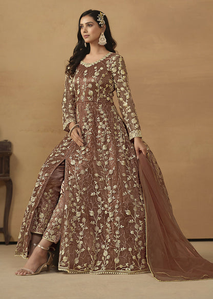 Pant Style Snuff Brown Embroidered Net Wedding Anarkali Suit - Emponline - Distacart