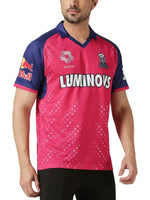 Thumbnail for Rajasthan Royals Men Pink Typography Printed Half Sleeves Jersey - Distacart