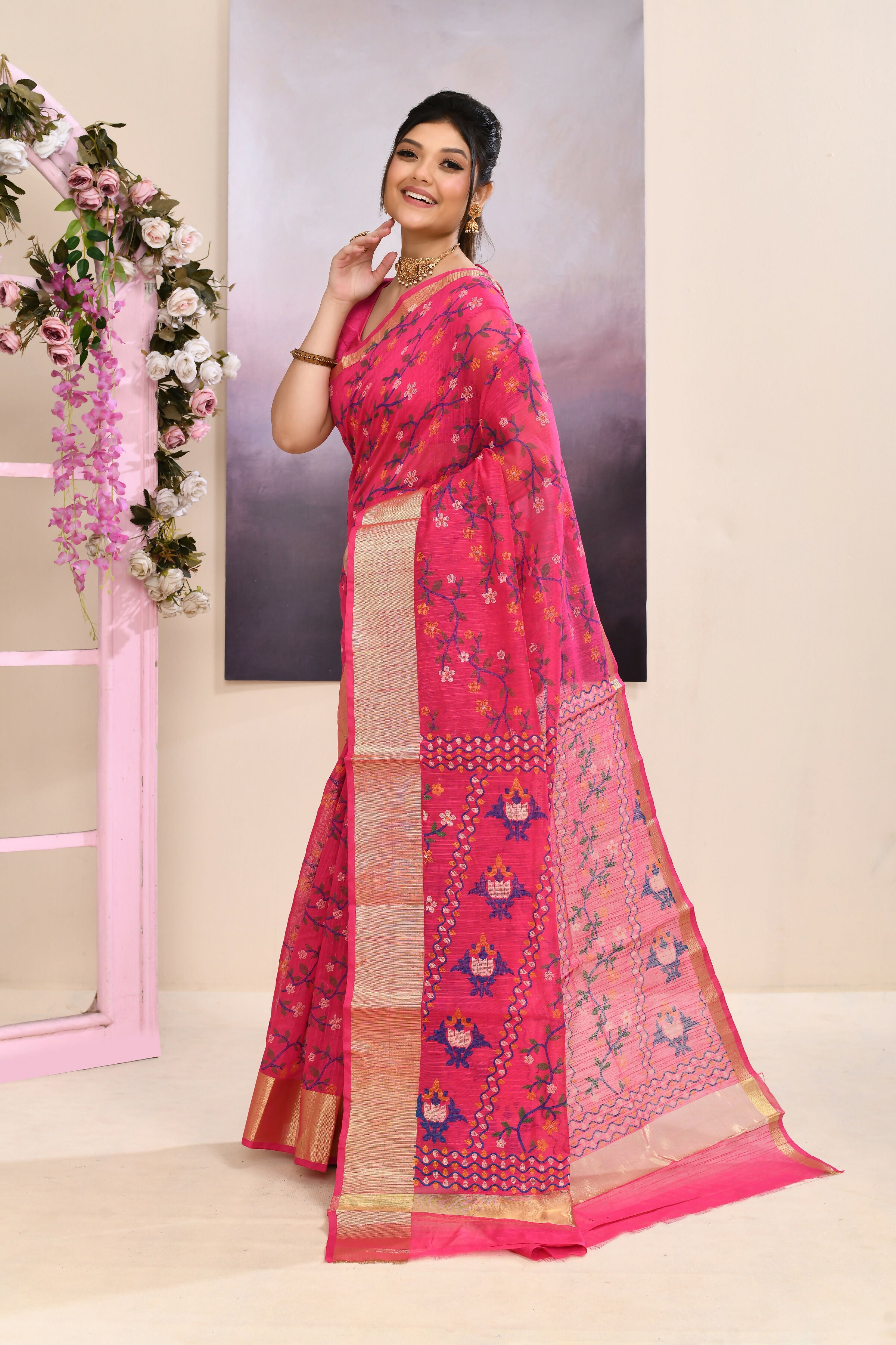 Piyari Fashion Women's Pink Embellished Cotton Blend Printed Saree - Dista