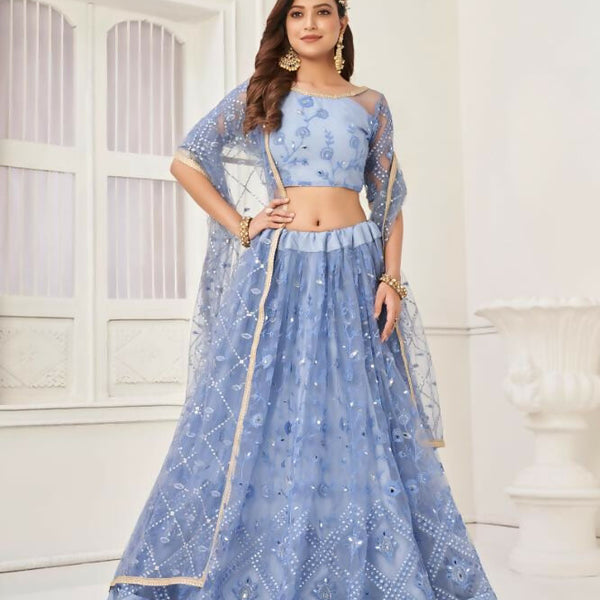 Aastha Fashion Neon Blue Butterfly Net Tone To Tone Thread Work, Sequence Work Embroidery With Original Mirror Handwork Wedding Wear Lehenga Choli - Distacart