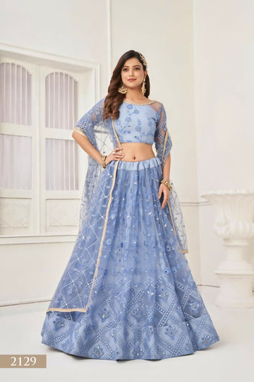 Aastha Fashion Neon Blue Butterfly Net Tone To Tone Thread Work, Sequence Work Embroidery With Original Mirror Handwork Wedding Wear Lehenga Choli - Distacart