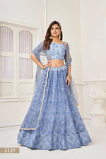 Thumbnail for Aastha Fashion Neon Blue Butterfly Net Tone To Tone Thread Work, Sequence Work Embroidery With Original Mirror Handwork Wedding Wear Lehenga Choli - Distacart