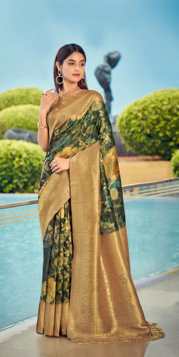 Exclusive Collection Wedding Green Golden Collection Banarasi Silk Saree With Rich Pallu - Dista