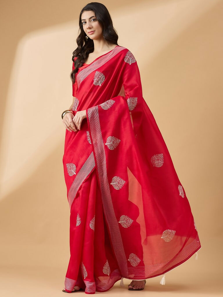 Red Cotton Blend Thread Embroidered Saree with Unstitched Blouse - Satya - Distacart