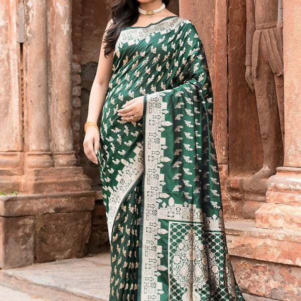 Joban Fashion Emerald Green Banarasi Katan Pure Handloom Banarasi Silk Saree - Dista