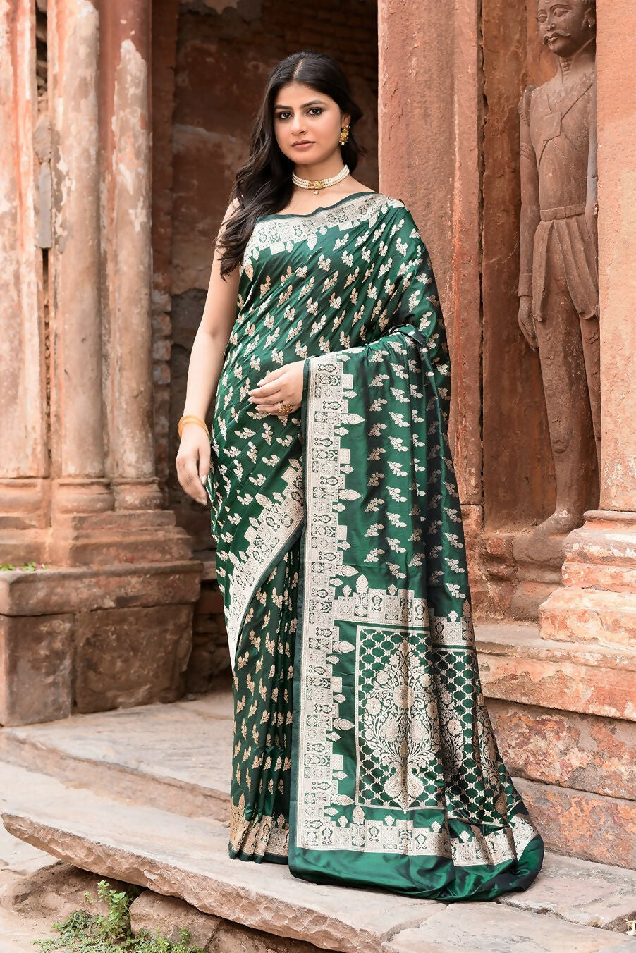 Joban Fashion Emerald Green Banarasi Katan Pure Handloom Banarasi Silk Saree - Dista