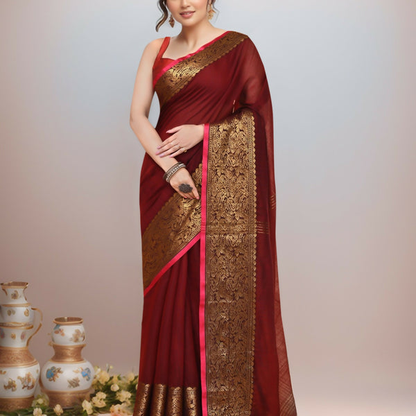Joban Fashion Maroon Cotton Blend Handloom Saree - Dista