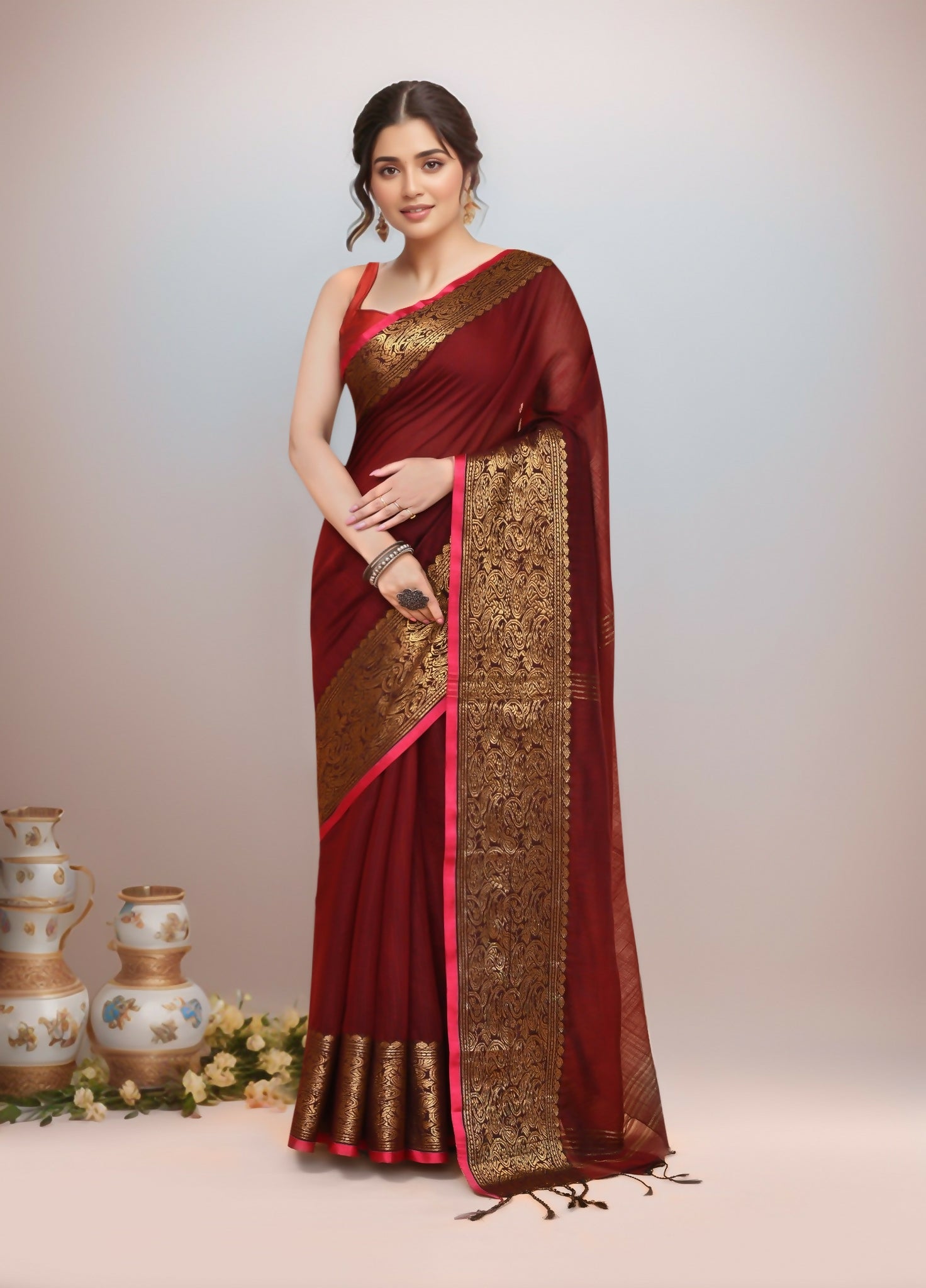 Joban Fashion Maroon Cotton Blend Handloom Saree - Dista