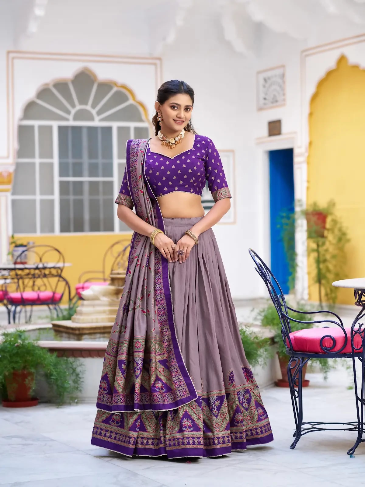 Looknbook Art Traditional Printed Tussar Silk Pleated Lehenga Choli for Women-Purple