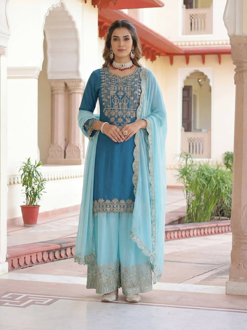 Teeya Creation Sky Chinon Silk Designer Wedding Wear Embroidery Work Palazzo - Distacart