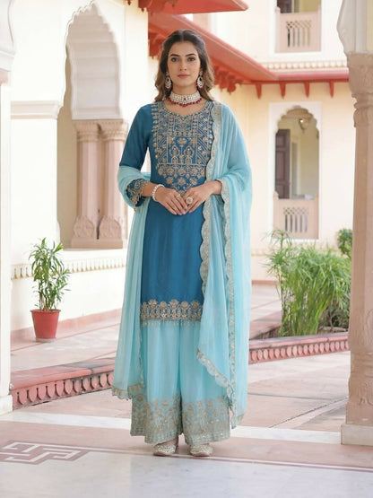 Teeya Creation Sky Chinon Silk Designer Wedding Wear Embroidery Work Palazzo - Distacart