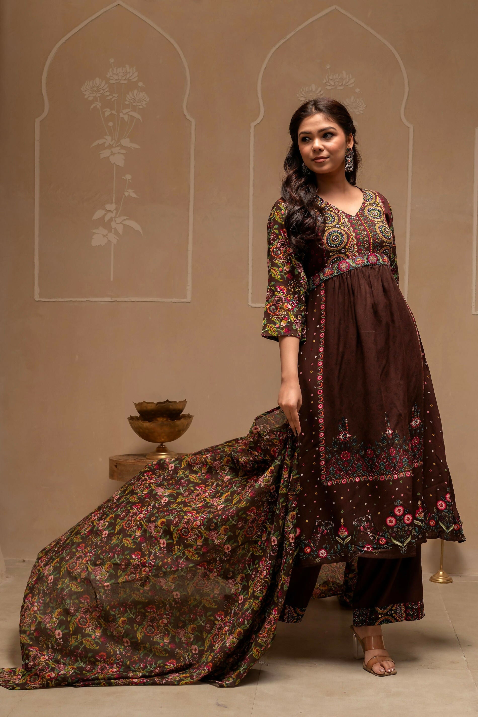 Juniper Brown Floral Viscose Kurta Pant Dupatta Set With Thread Work And Sequence