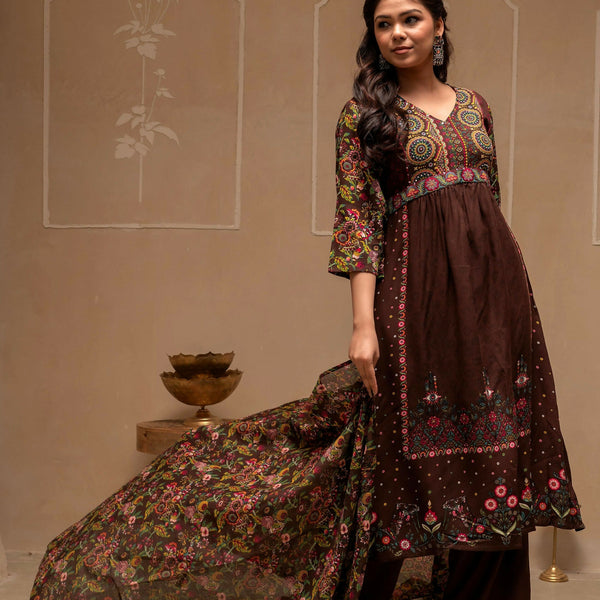 Juniper Brown Floral Viscose Kurta Pant Dupatta Set With Thread Work And Sequence
