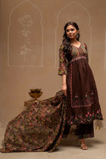 Thumbnail for Juniper Brown Floral Viscose Kurta Pant Dupatta Set With Thread Work And Sequence
