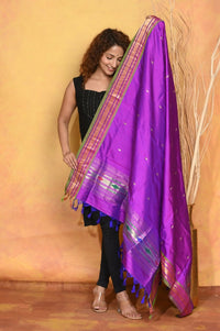 Thumbnail for Very Much Indian Pure Silk Handloom Traditional Paithani Dupatta - Violet - Distacart