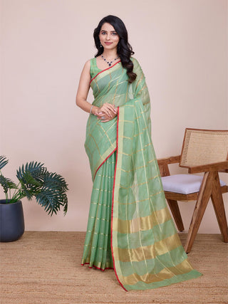 Mitera Women Checked Zari Saree With Blouse Piece