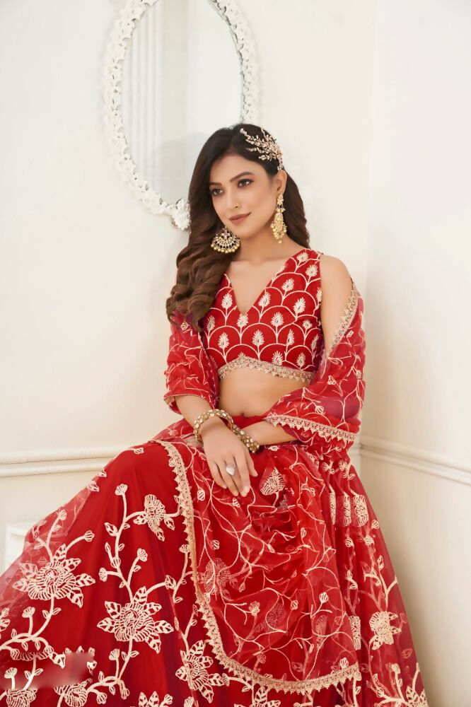 Aastha Fashion Red Butterfly Net White Cotton Thread Work And Sequence Work Embroidery Wedding Wear Lehenga Choli - Distacart