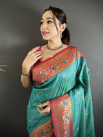 Thumbnail for Joban Fashion Teal Blue Intricate Motifs Soft Silk Banarasi Saree - Dista