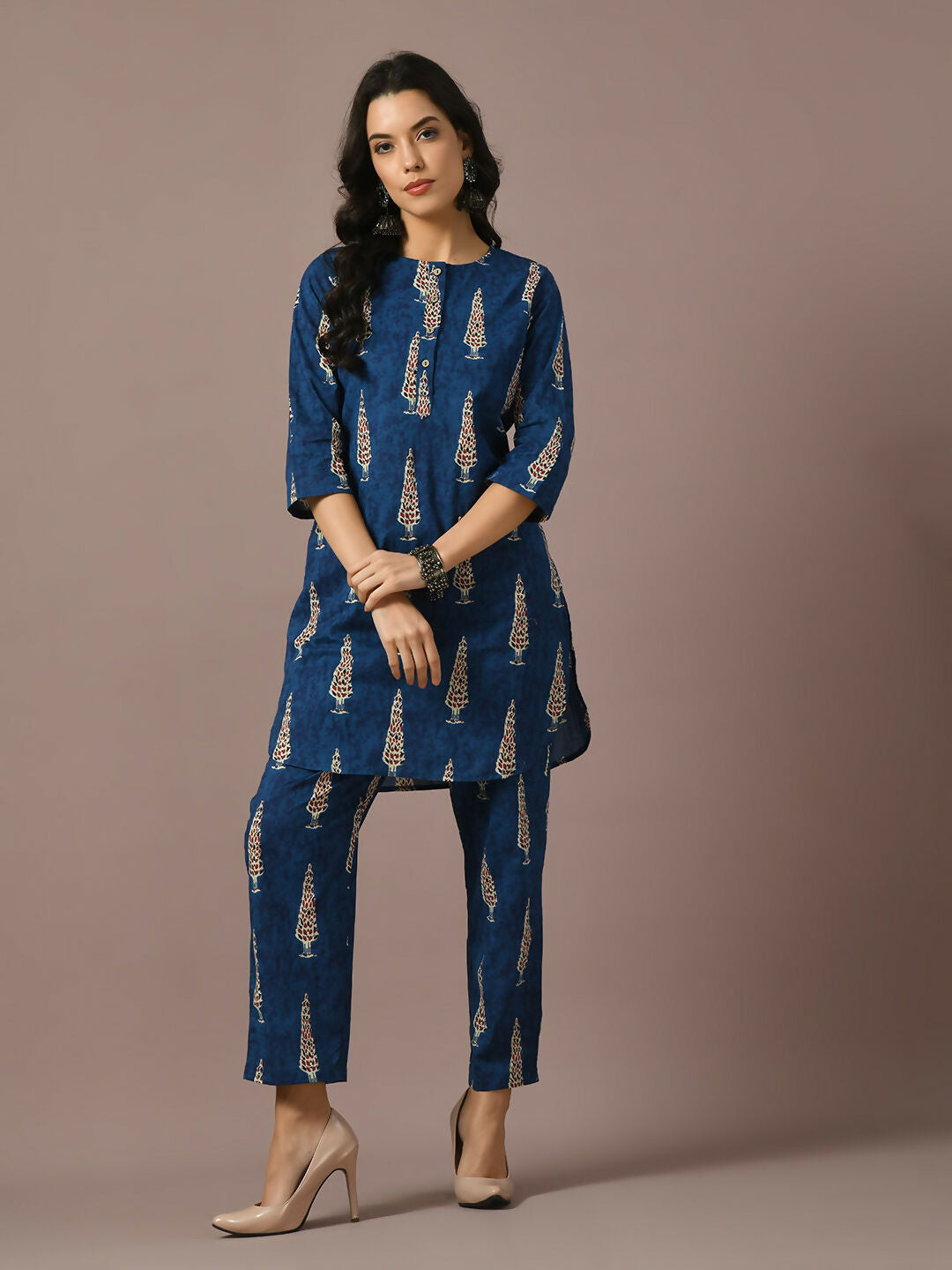 Myshka Women's Blue Printed Cotton Round Neck Party Tunic With Trousers Co-ord set - Distacart