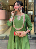 Thumbnail for The52 Light Green Women's Gorgeous Embroidered Work Chanderi Fabric Flared Kurta Pant and Dupatta Set - Distacart