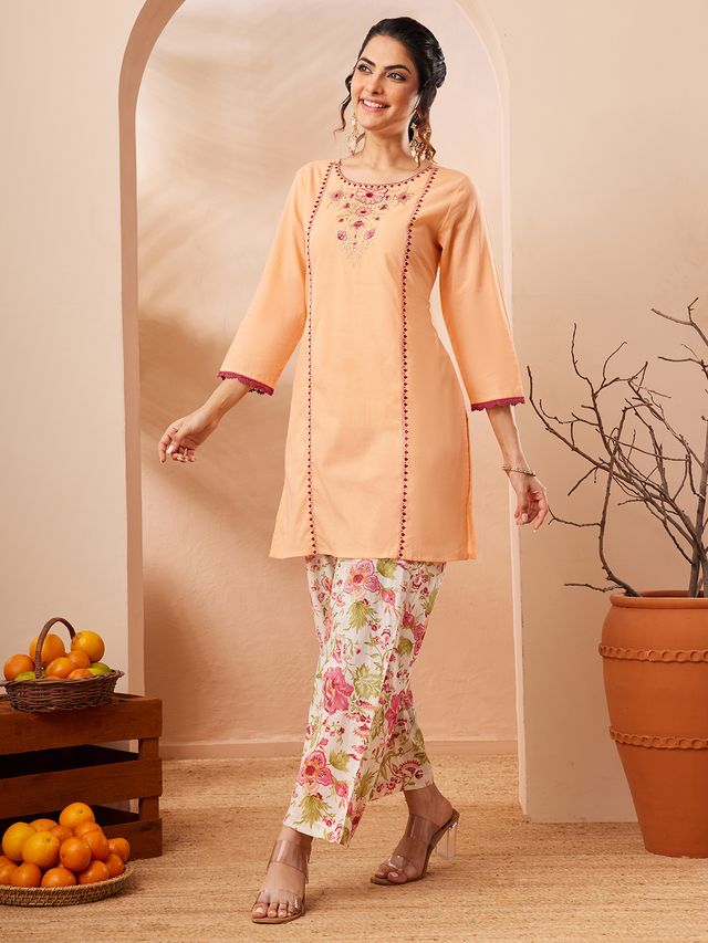 Janasya Peach Straight Cotton Co-Ords - Dista
