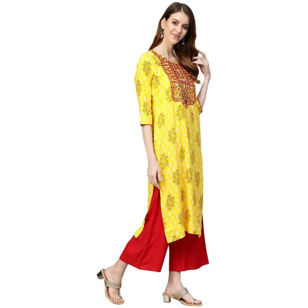 Anubhutee Women's Rayon Printed Yellow Kurta with Palazzos - Distacart