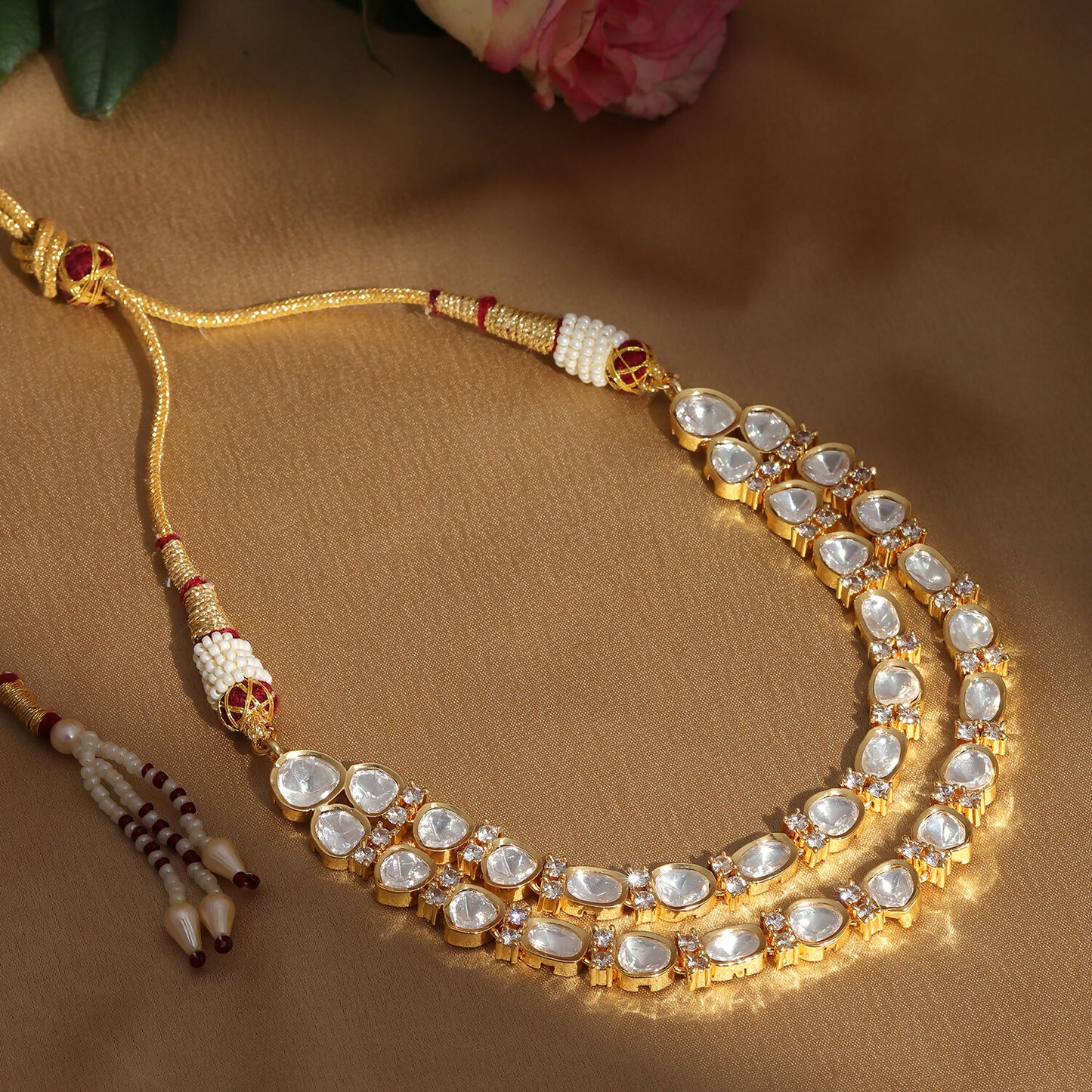 Double Layered Kundan and American Diamond Neckpiece (Gold) - Ruby Raang - Distacart