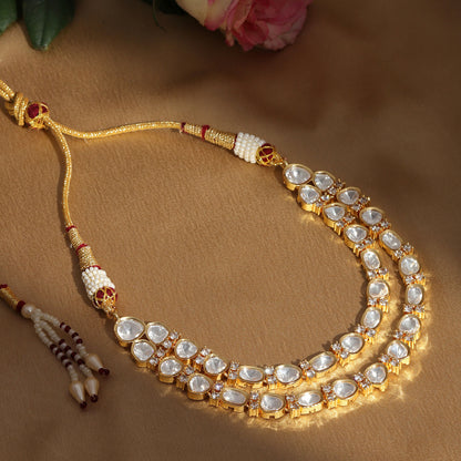 Double Layered Kundan and American Diamond Neckpiece (Gold) - Ruby Raang - Distacart