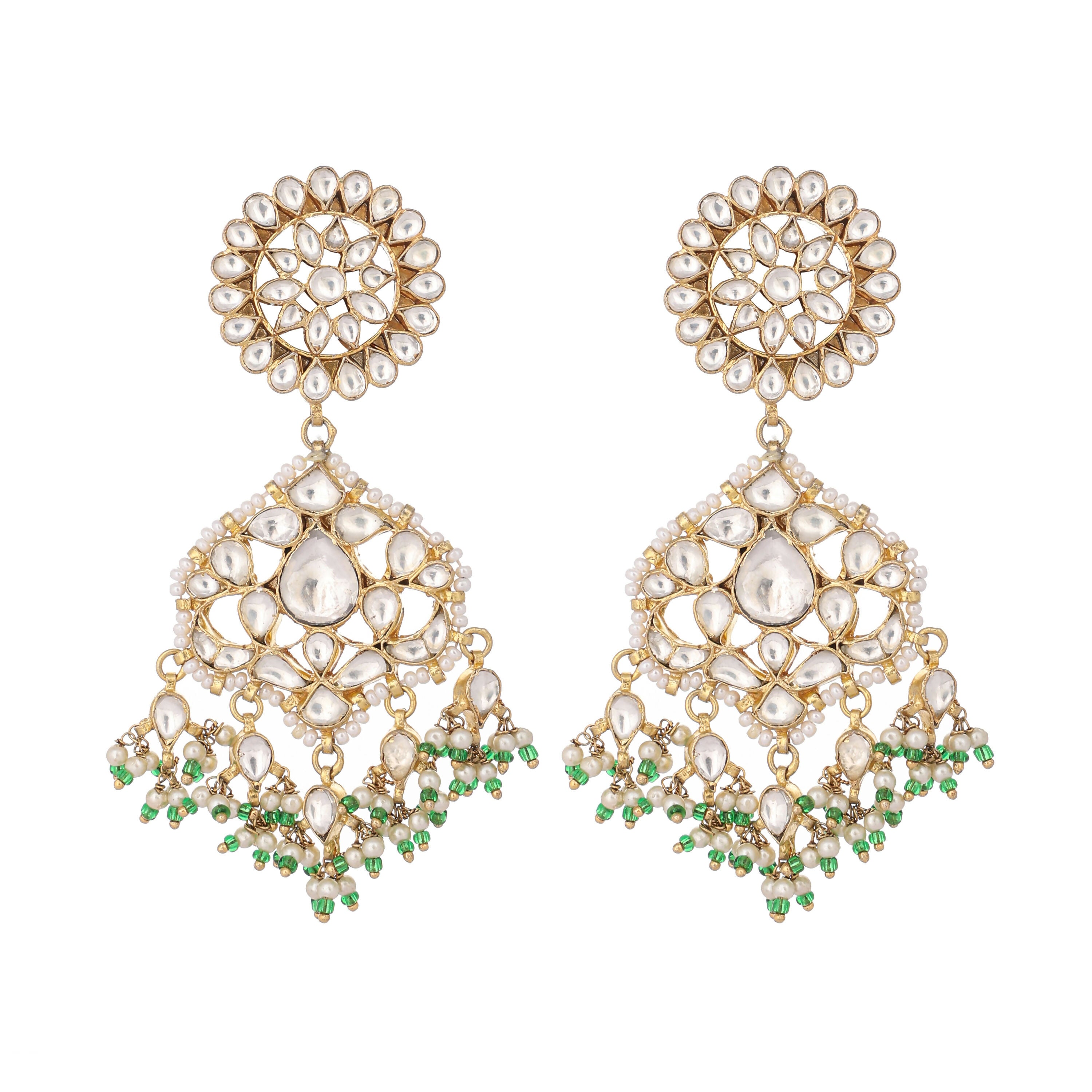 Nuyug 22K Gold Plated Traditional Kundan Studded Contemporary Dangler Earrings with Pearl and Green Bead Accents