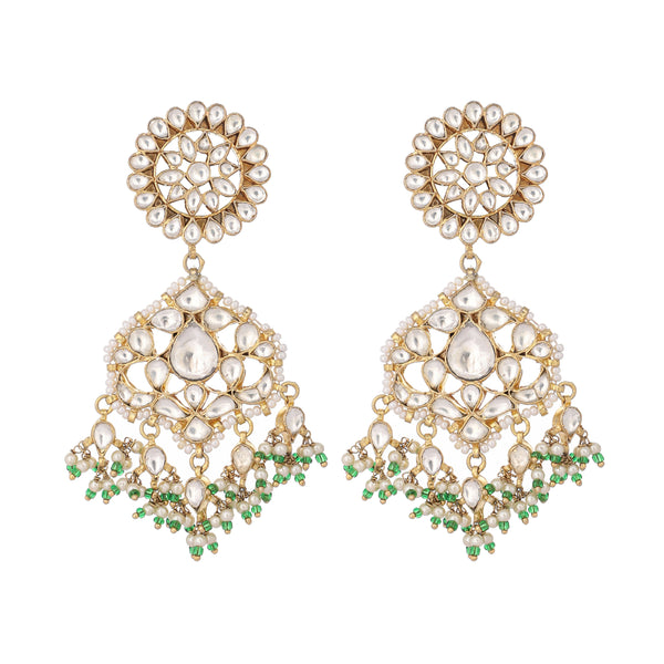 Nuyug 22K Gold Plated Traditional Kundan Studded Contemporary Dangler Earrings with Pearl and Green Bead Accents