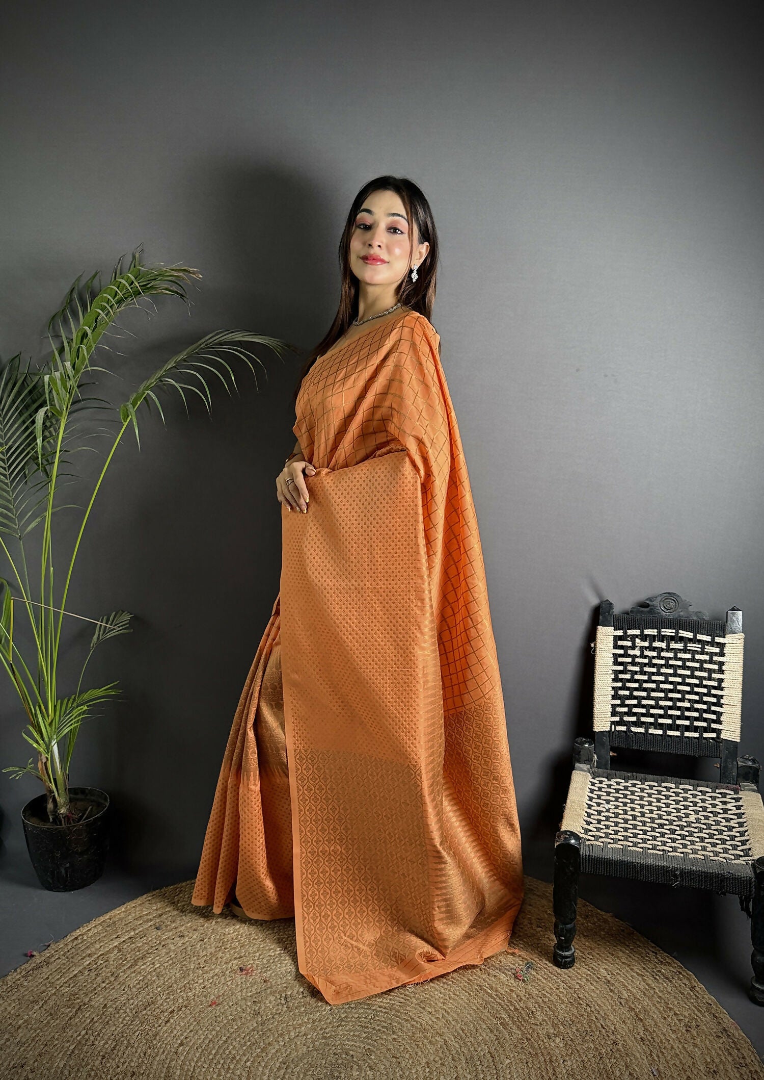 Joban Fashion Orange Banarasi Soft Lichi Silk Checks & Woven Saree