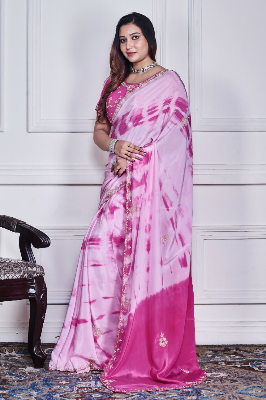 Morchari Pink Crepe Hand Embroidery Saree And Stitched Blouse - Distacart
