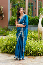 Thumbnail for Vastranavya Firozi Embroidery Work Shimmer Chiffon Saree with Unstitched Blouse