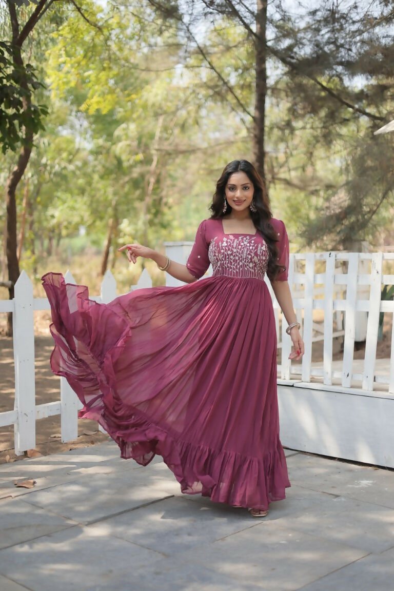Aastha Fashion Women's Dusty Rose Faux Georgette Sequins Multithreaded Embroidered Gown - Distacart