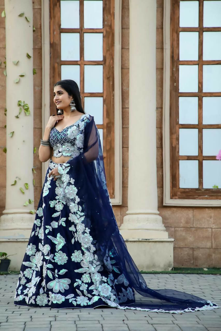 Jyoti Fashion Women's Navy Blue Kasturi Silk Georgette Rainbow Sequins with Dori Embroidered Designer Lehenga Choli Set - Distacart