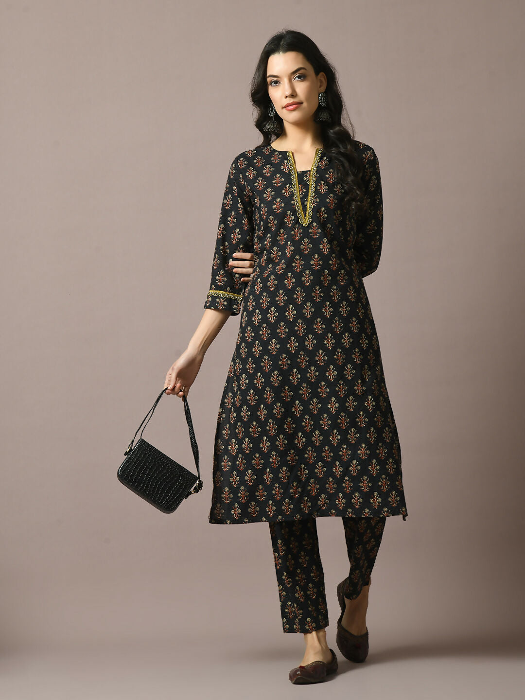 Myshka Women's Black Printed Cotton Straight Party Kurta Set - Distacart