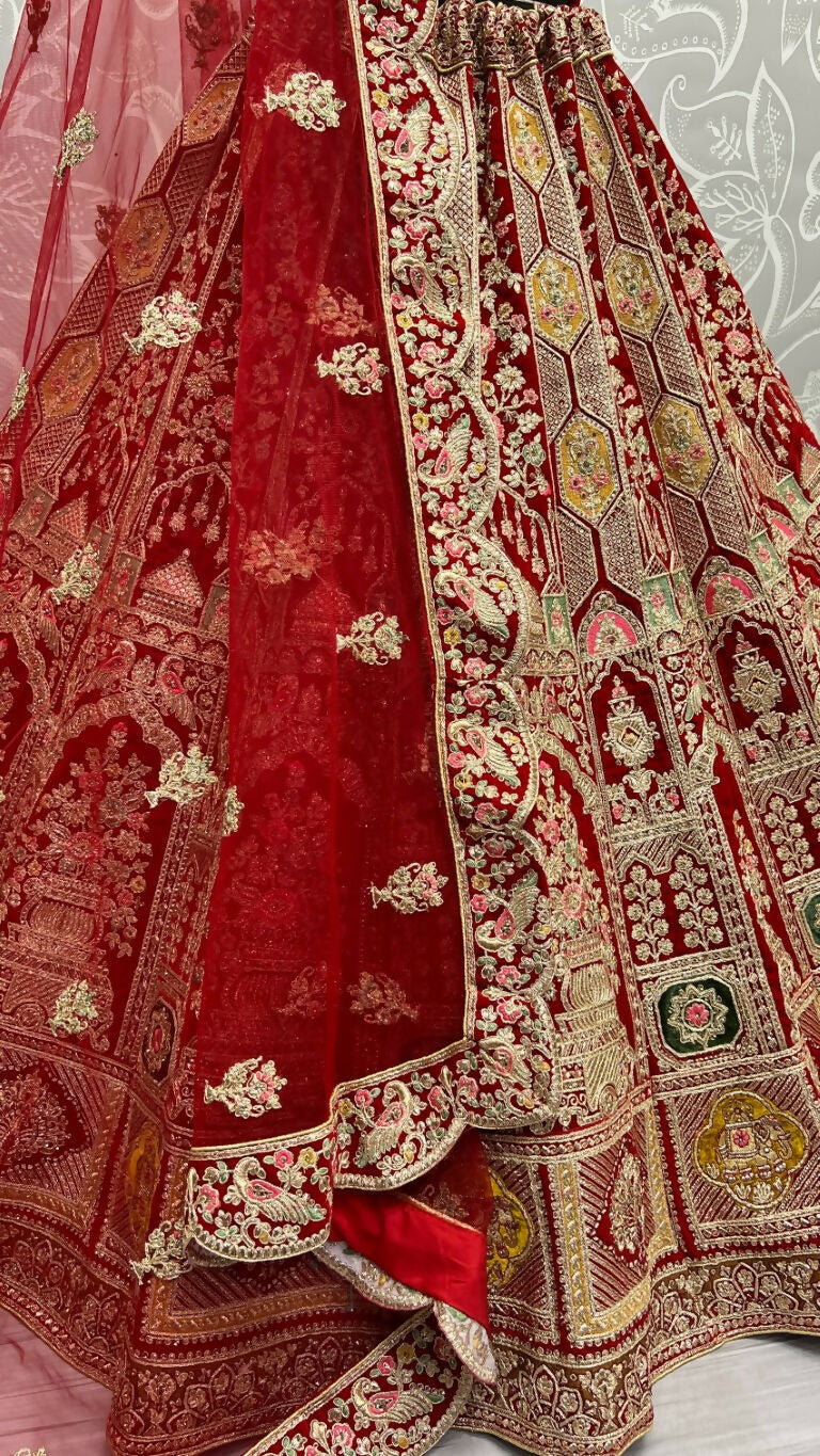 Jyoti Fashion Women's Red Velvet Dori, Multi Thread Embroidered with Diamond Work Wedding Lehenga Choli - Distacart