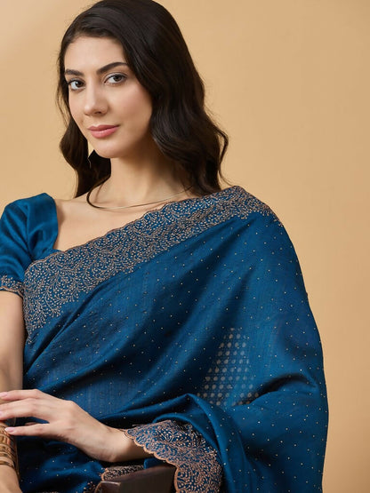 Blue Silk Blend Embroidered Saree with Unstitched Blouse - Vairagi - Distacart