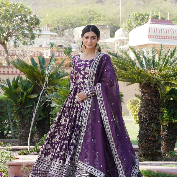 Joban Fashion Wine Viscose Jacquard Sequence Embroidery Work Kurta Set