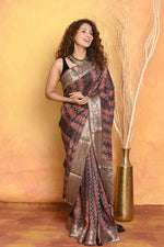 Thumbnail for Very Much Indian Modal Silk Ajrakh Handblock Printed Natural Dyes With Designer Border Saree - Brown - Distacart