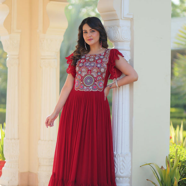 Joban Fashion Maroon Georgette Sequence Embroidery Work Gown