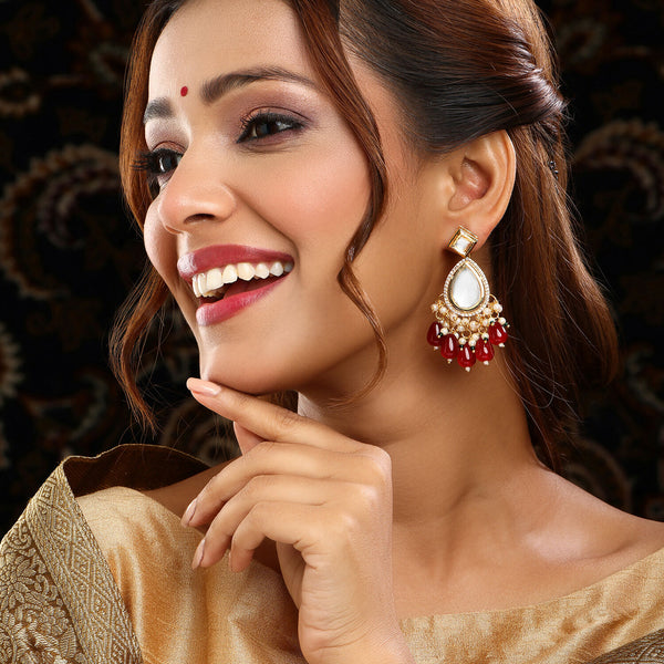Ruby Raang Gold Polished Kundan Earrings With Maroon Stones