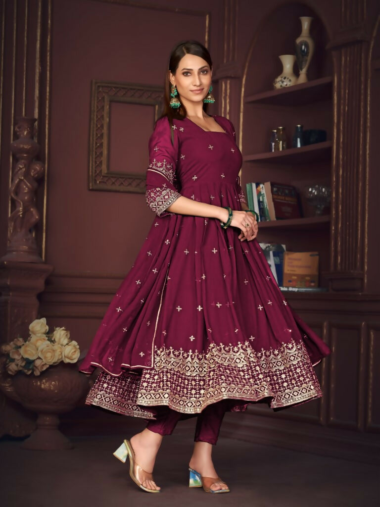 Jyoti Fashion Women's Rani Pink Georgette Embroidered Anarkali Kurta Pant Set With Dupatta - Distacart