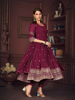 Thumbnail for Jyoti Fashion Women's Rani Pink Georgette Embroidered Anarkali Kurta Pant Set With Dupatta - Distacart
